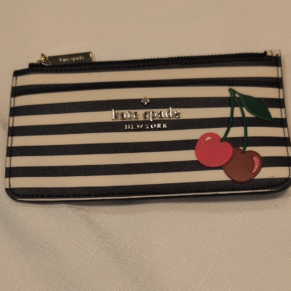 kate spade black and white striped cherry wristlet wallet NWOT